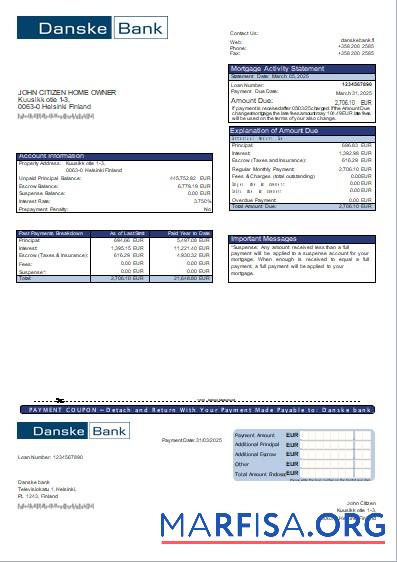 Realistic Finland Danske bank mortgage statement scr real example